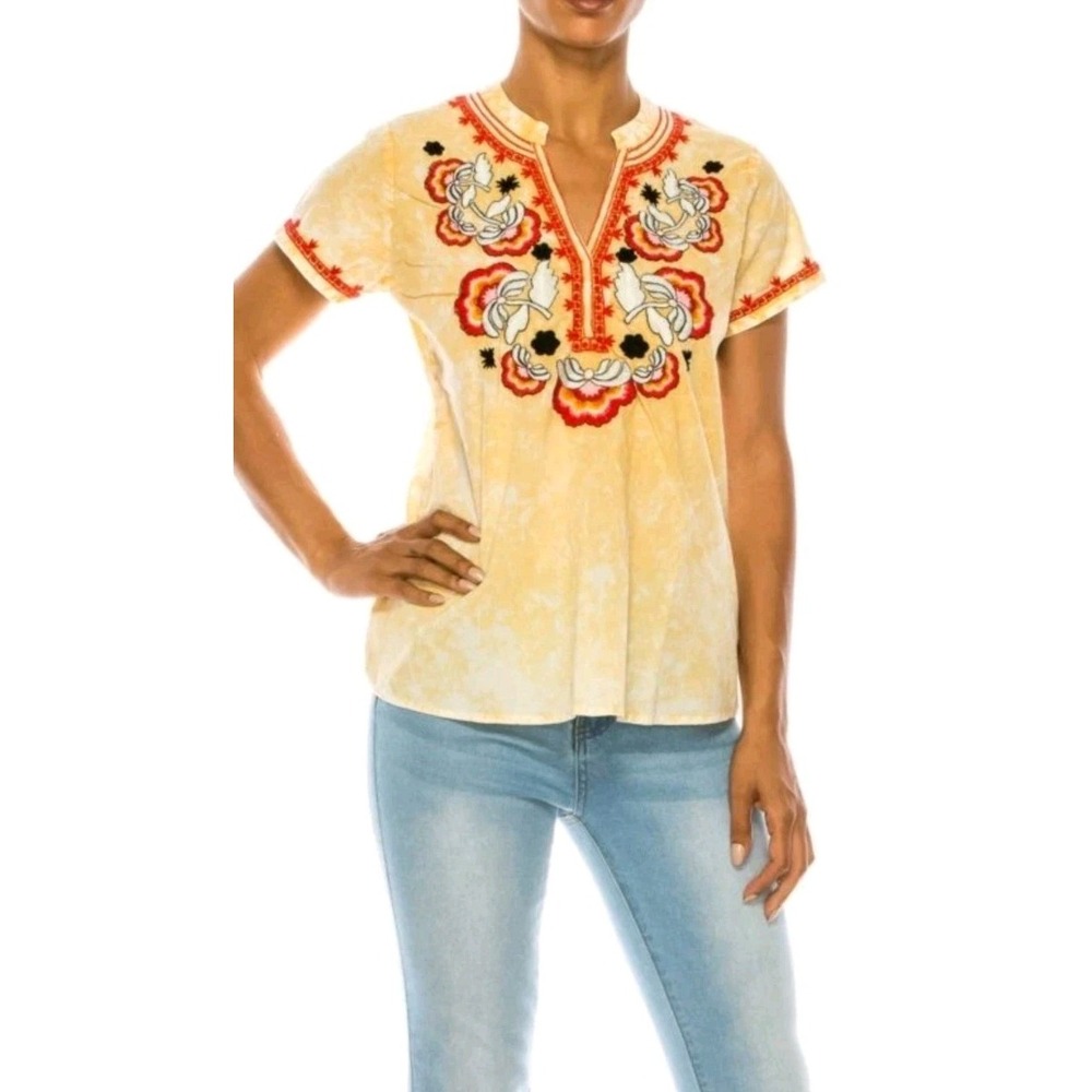 Vintage Goa Yellow Floral Embroidered Short Sleeve Top Boho Festival XL NWT